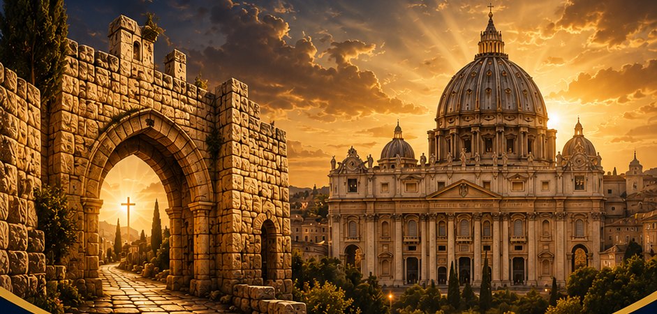 Illustration of an ancient Jerusalem gate and St. Peter's Basilica at sunset